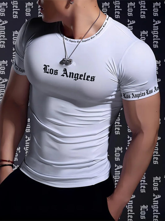 Los Angeles Text Printed Men's Sports T-shirt Summer Daily Casual Men's Short-sleeved Top Outdoor Fashion Men's Fitness T-shirt