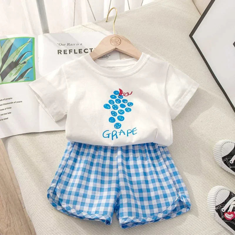 Baby Girls Set Summer Children Clothing Sets Plaid Shorts Short Sleeve T-Shirt Baby Girl Clothes Sweet Cute Outfits for 2-4Years