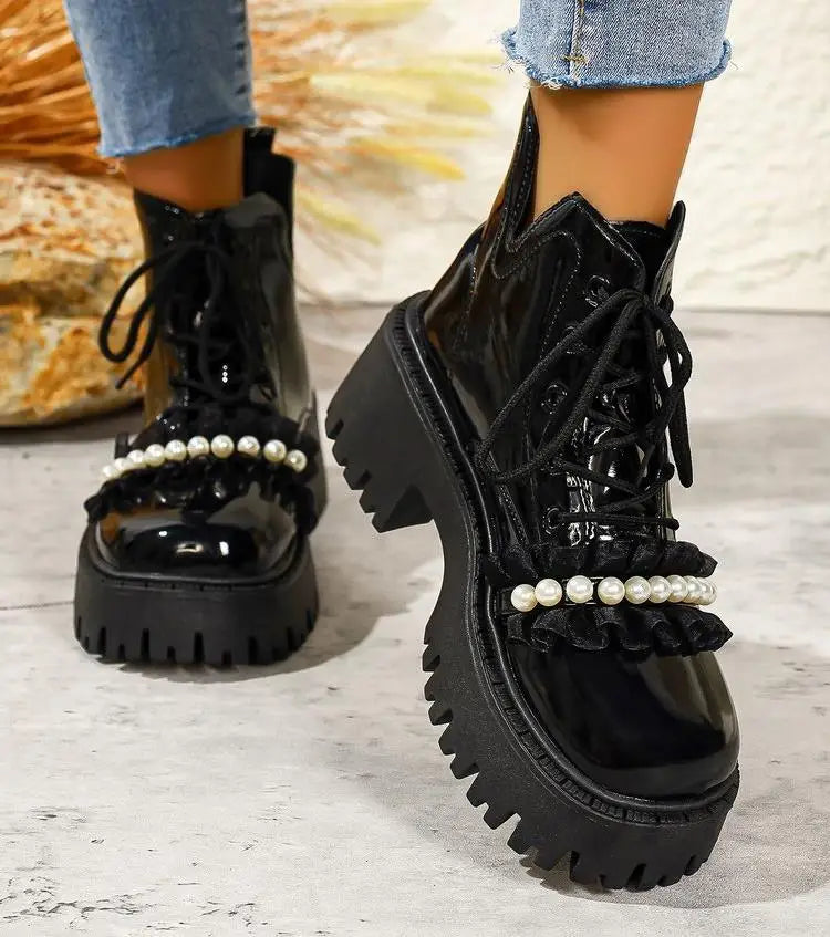 Black Platform Casual Women's Ankle Boots 2025 New Designer Autumn Winter British Style Boots Shoes for Women Botas De Mujer