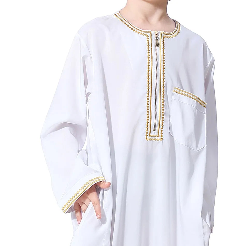 2025 New Children Thawb Teens Summer Muslim Robe Kids Arab Folk Clothes Boys Solid Color Thobe 5-14 Years National Outfit