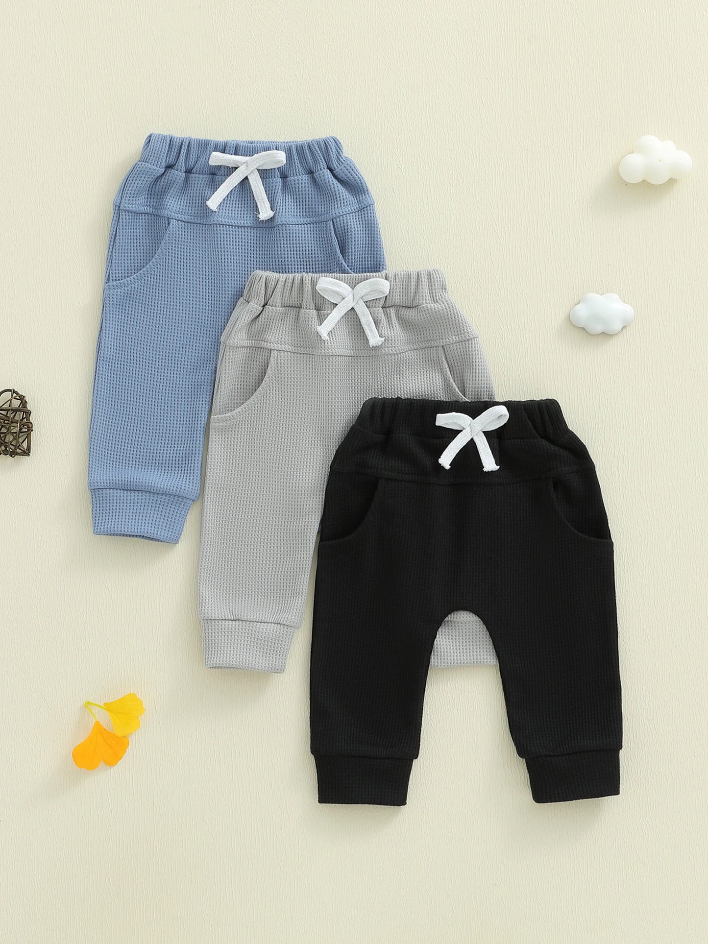3 Pack Waffle Texture Casual Pants Soft Solid Color Elastic Waistband Toddler Boys Trousers