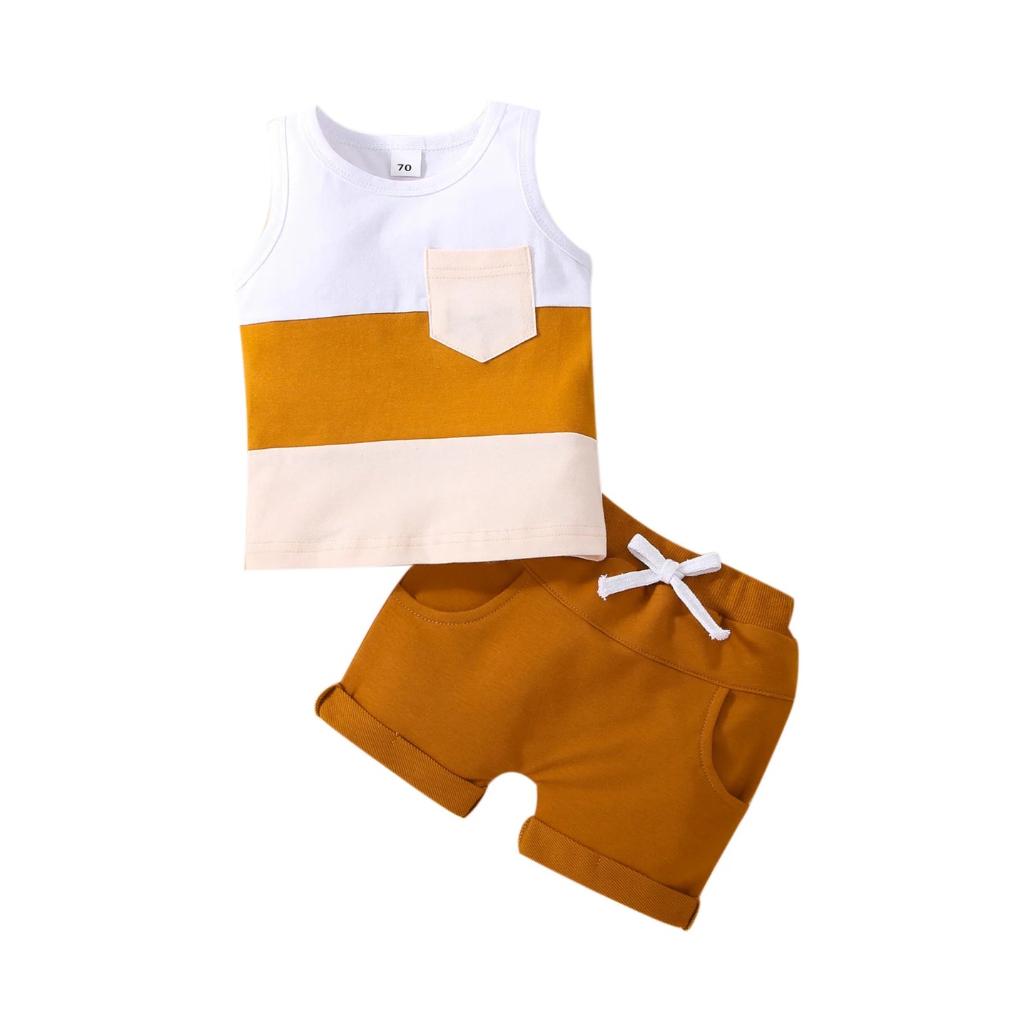 Infant Baby Boys 2PCS Pants Suit, Sleeveless Patchwork Crew Tank Tees + White Straps Short Pants, Toddler Boys Casual Outfit