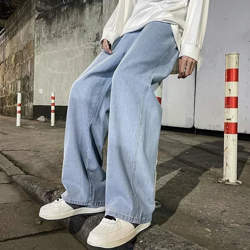 Men Casual Loose Jeans Male Streetwear Fashion Straight Wide Leg Denim Pants Elastic Waist Comfortable Solid Color Gray Trousers