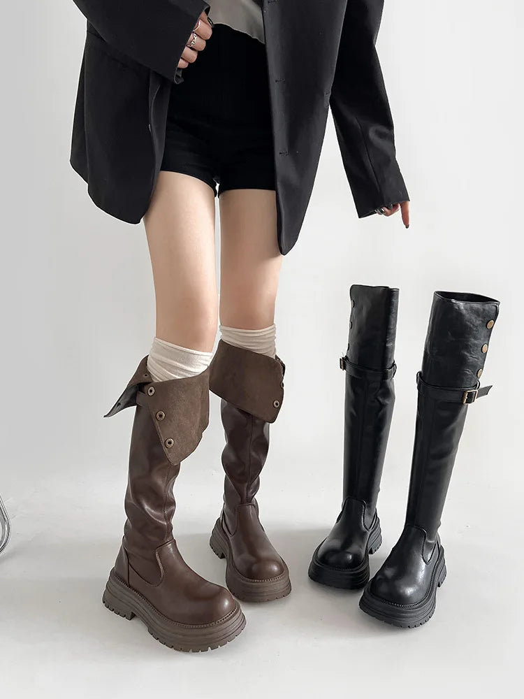 Over-the-Knee Boots2025Autumn and Winter New Retro British Style Chunky Heel Platform Boots Women's Tube Skinny Boots