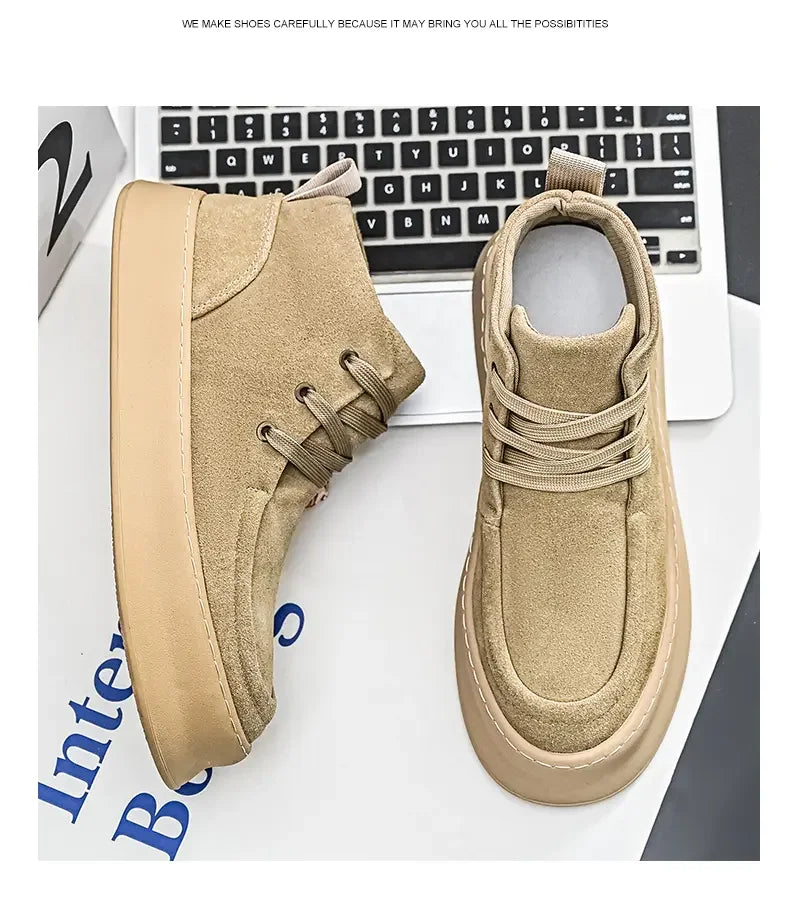 Men's High-top Boots in Solid Colors Flat Heels and Lace-up A Trendy Brand Design for The Four Seasons Fashion Walking Boots