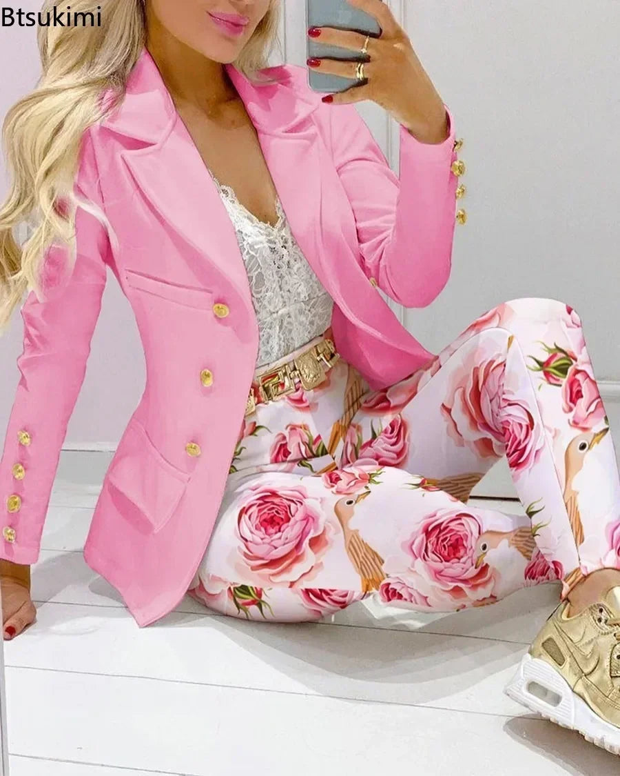 2025 Spring Autumn Two Piece Set Women Office Tracksuits For Ladies Outfits Lapel Collar Double Breasted Blazer Suit Pants Set