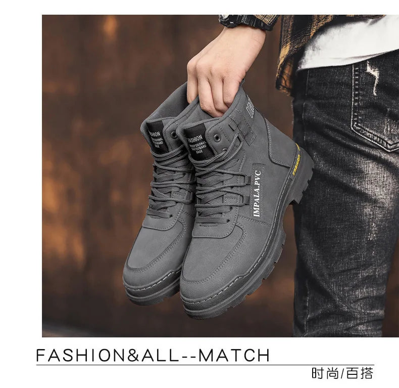 2025 Winter Mens Shoes New in Casual Male Boots Platform Tactical Ankle High Top Outdoor Walking Loafers Leather Army Sneakers