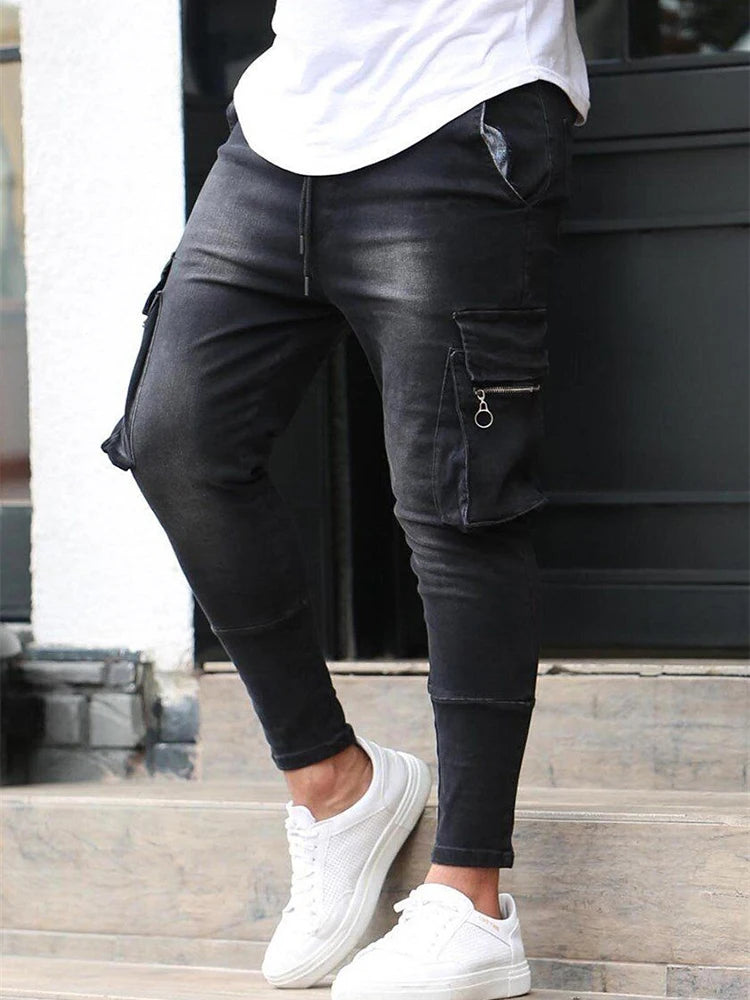 Jeans Men Denim Cargo Pants Wash Solid Color Multi Pockets Casual Mid Waist Trousers Street Elasti Slim Fit Daily Wear Joggers