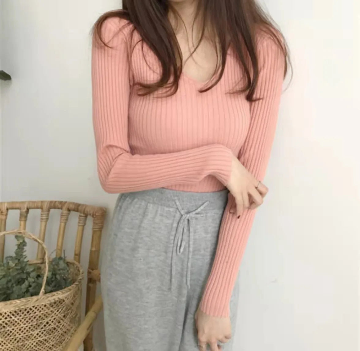 2026 Fashion Casual Long Sleeve Knitted Sweaters Korean Autumn Winter V Neck Sweater Solid Color Slim Pullovers Women Clothes