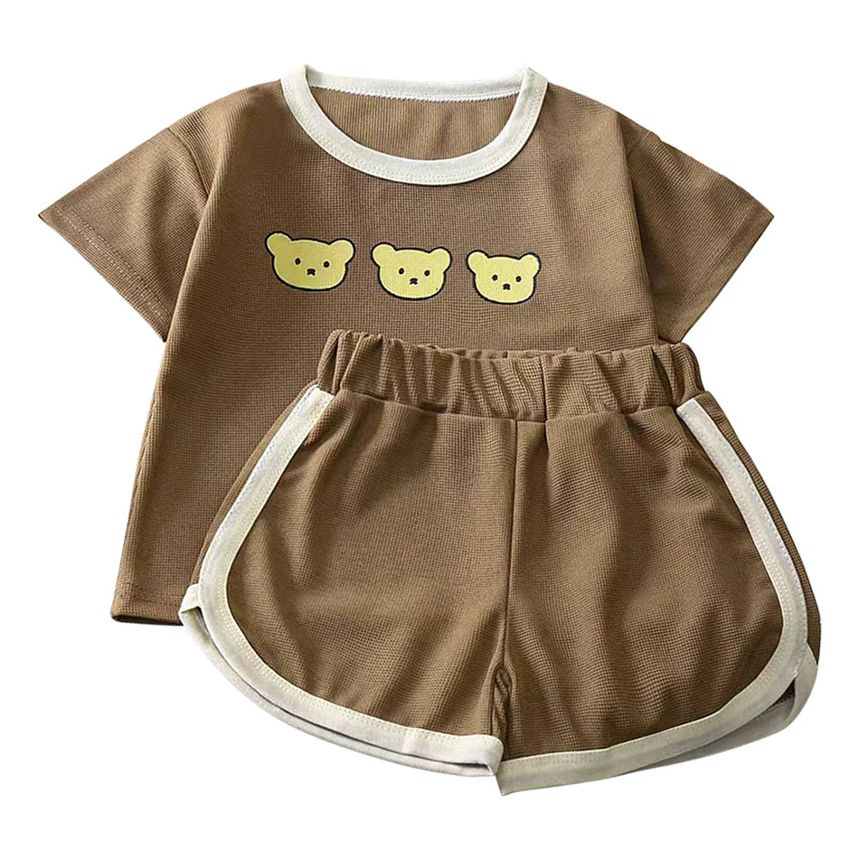 Kids Cartoon Pattern Waffle Like Knit Short Sleeve Set Children Stretchy Waist Summer Casual Clothes Two Piece Outfit 2025