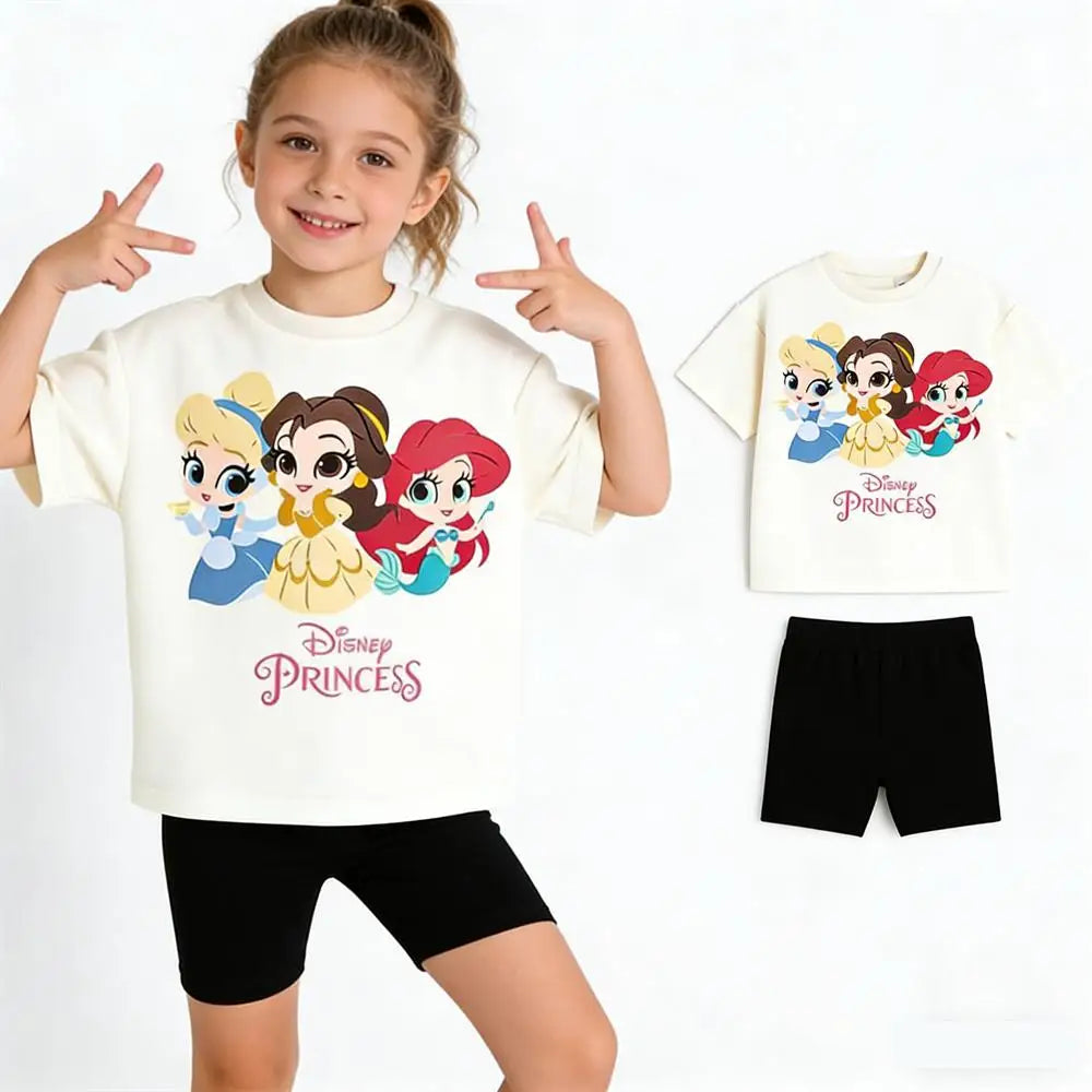New Short Sleeve Shorts Outfits Girls Summer Clothing Cartoon Printed Tshirt+Shorts Toddler Thin Lovely Tees +Shorts Two Piece