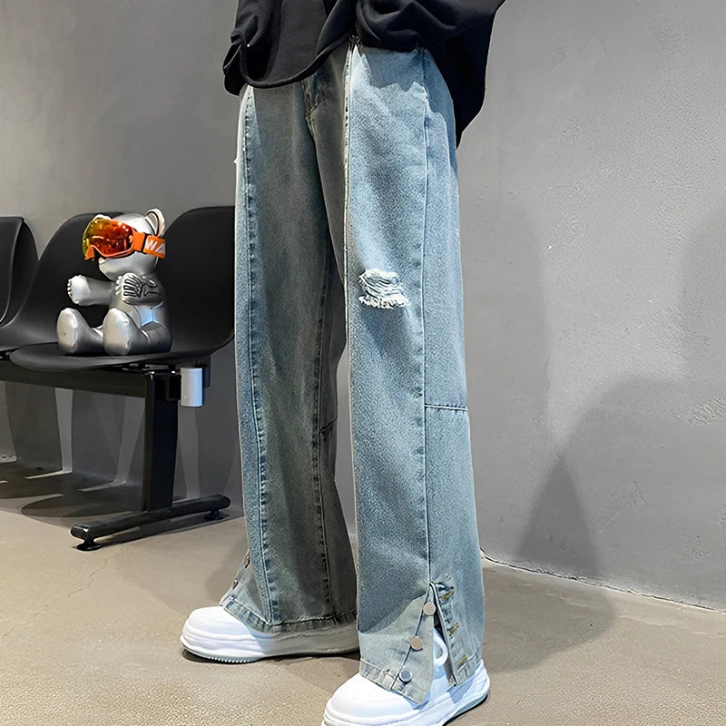 Men's Letter Embroidered Hip Hop Loose Jeans Casual New Broken Holes Streetwear Straight Denim Trousers Male Y2K Baggy Jeans