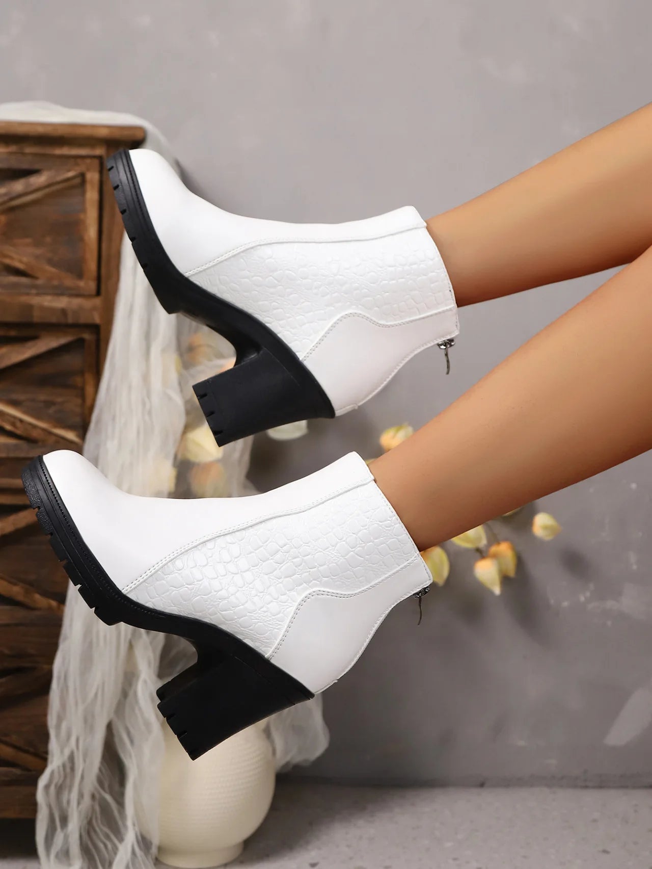 British Style Round Toe High Heel Short Boots for Women Back Zip PU Leather Autumn Winter Ankle Boots Botines Para Mujeres