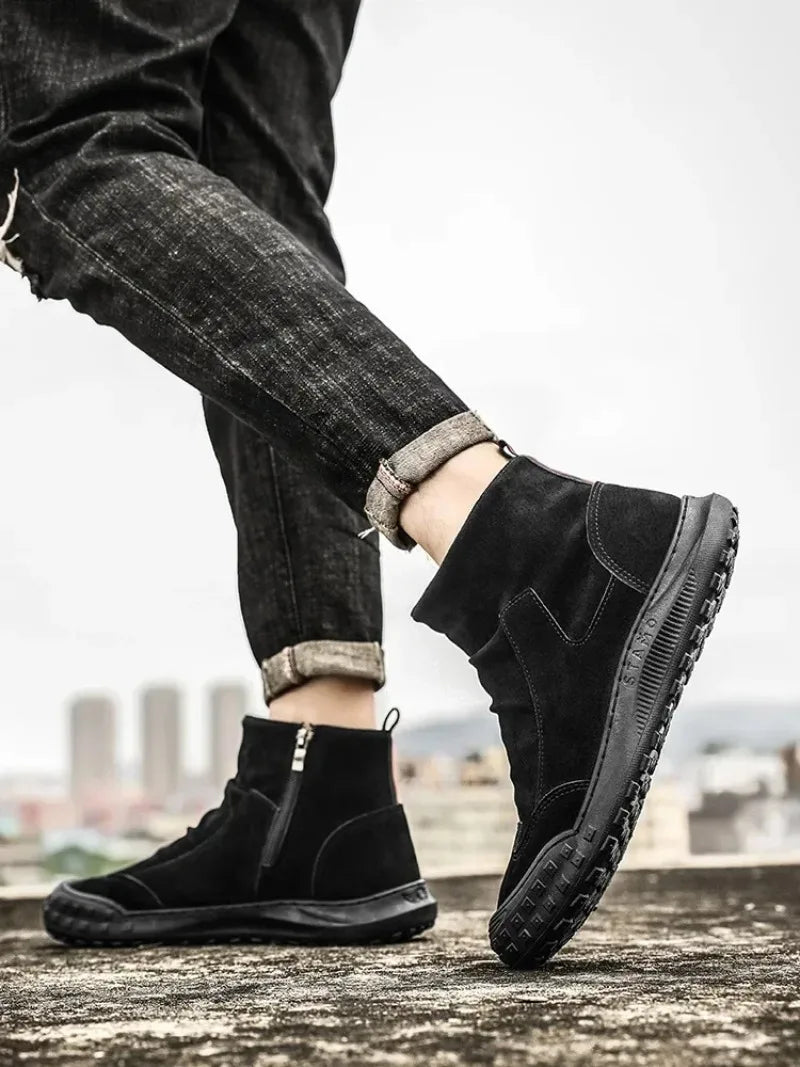 Boots for Men Retro Side Zipper Men's Ankle Boot Pleated Designer Men Boots  Outdoor Non Slip Workwear Booties Botas Para Hombre