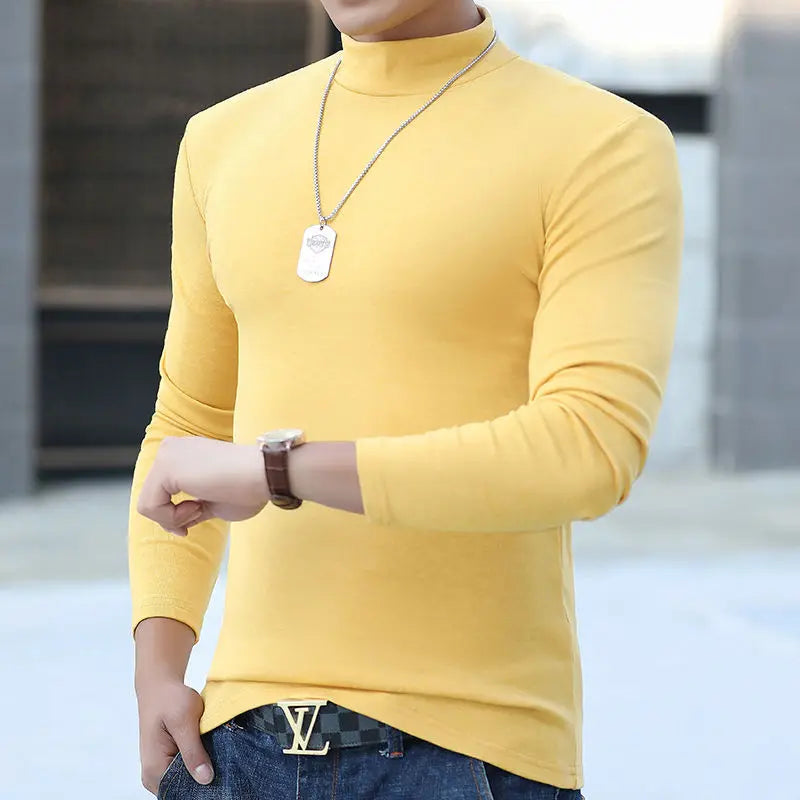 Fashion Men's Oversize High Collar Long Sleeves Autumn Winter Pure Thermal Shirt for Men  Layering Stylish T-Shirt