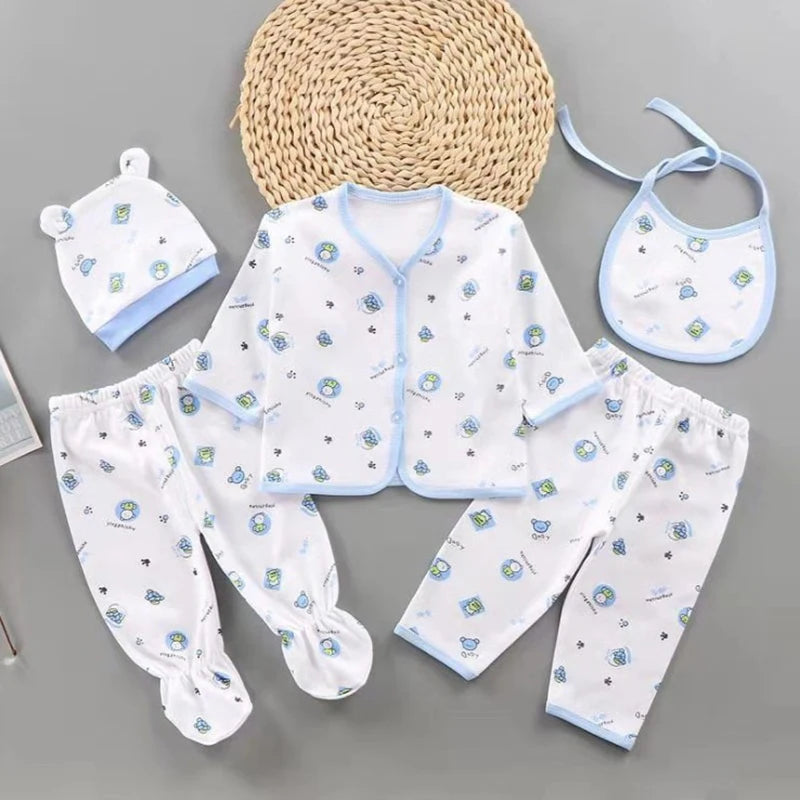 5Pcs/Set Newborn Baby Girl Clothes Set Cotton Soft Underwear Infant Boy Outfit Children Girl Top+2Pant+Bib+Hat Toddler Clothing