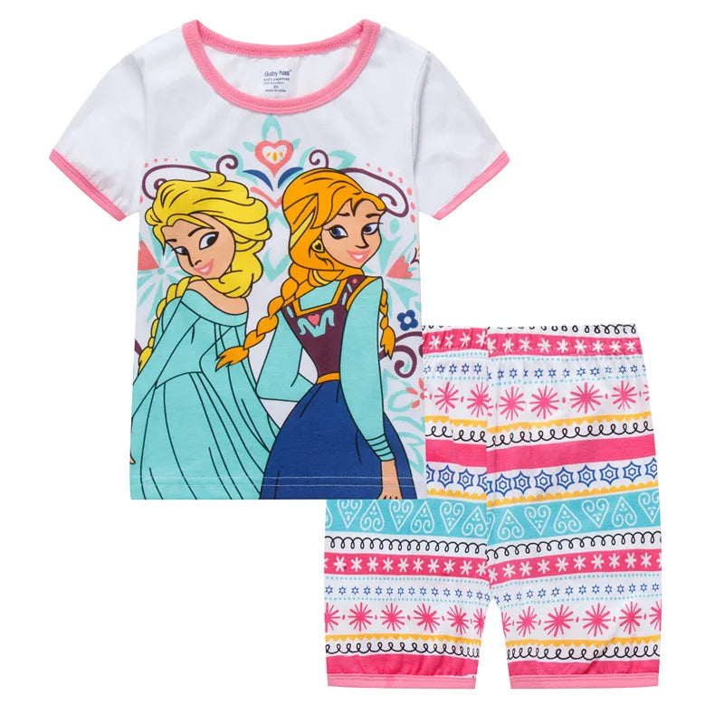 New Summer Casual Frozen Snow Queen Children's Short Sleeve Pajamas Cartoon Suit Girls Cotton Kids Pajamas Dress Costumes