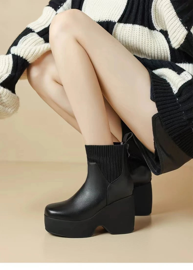 Comfortable Fashion Soft Leather Boots Women's Platform 2024 Winter Warm Round Head Flexible Med Block Sock Mom Ankle Boots