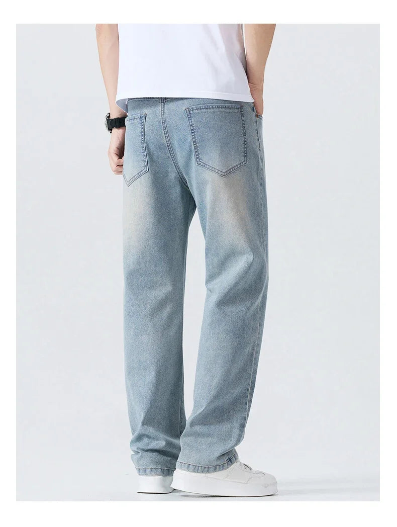 Summer Thin Straight Jeans Men's Clothing Soft Breathable Trousers Male Brand Comfortable Business Loose Denim Pants