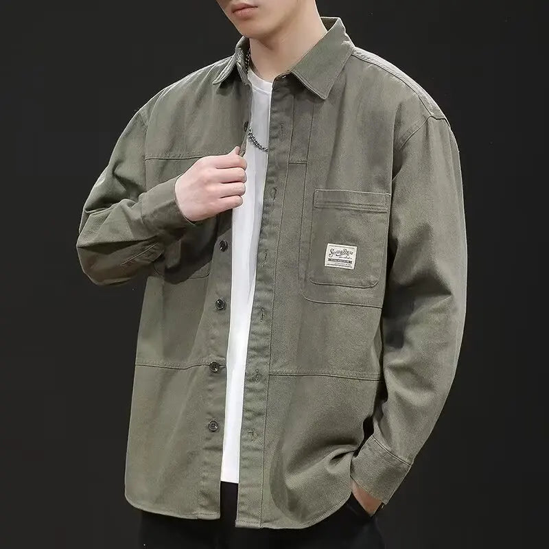 Retro Casual Loose Fit Men's Shirt Long Sleeve Turn-down Collar Fashionable Workwear Jacket Outerwear for Youth