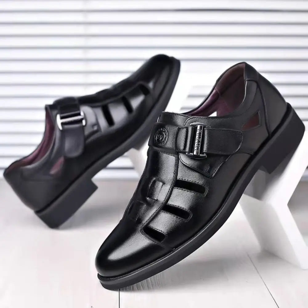Classic Business PU Sandals Men Breathable Comfortable Hollow Leather Shoes Outwear Beachwear Men's Slippers Shoes Male