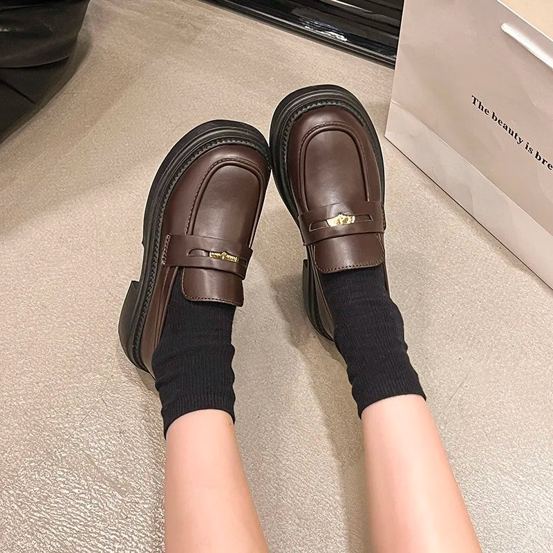 Heel Slip-On Loafers Vintage British Style Comfortable Women's Shoes Fashionable Versatile College Style Casual Penny Loafers