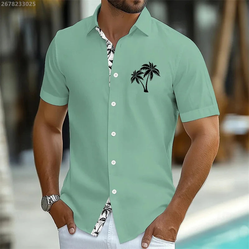Men's summer tropical plant button coconut pattern Hawaiian short-sleeved beach shirt vacation daily wear fashionable casual