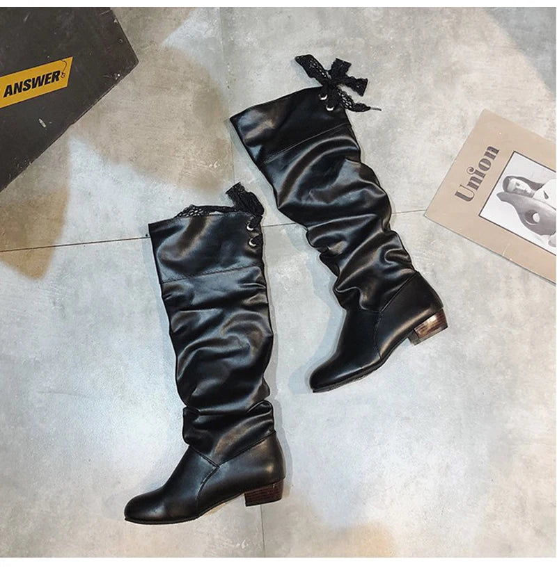 2023Shoes For Women  Knee High Boots Red Black White Tall Boots Woman Pleated Low Heel Casual Leather Female Long Shoes