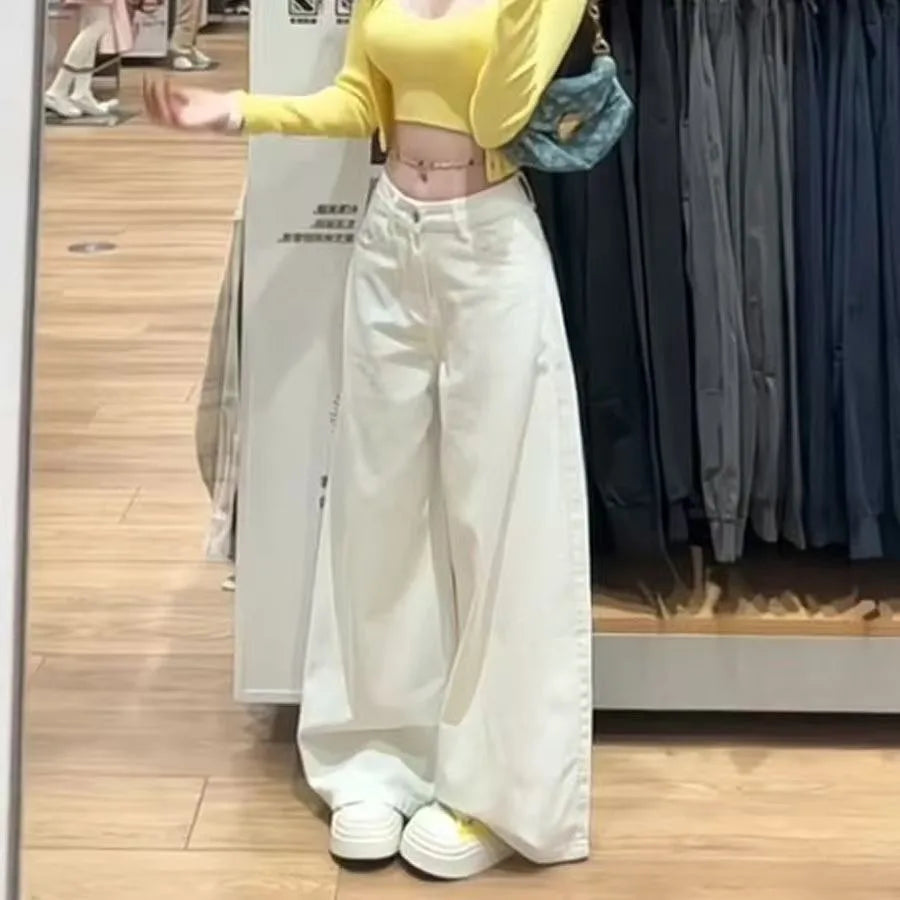 High Waist Wide Leg Straight Cut Jeans White Loose Slimming Drapey Floor Length Trousers Street Style Trendy Jeans