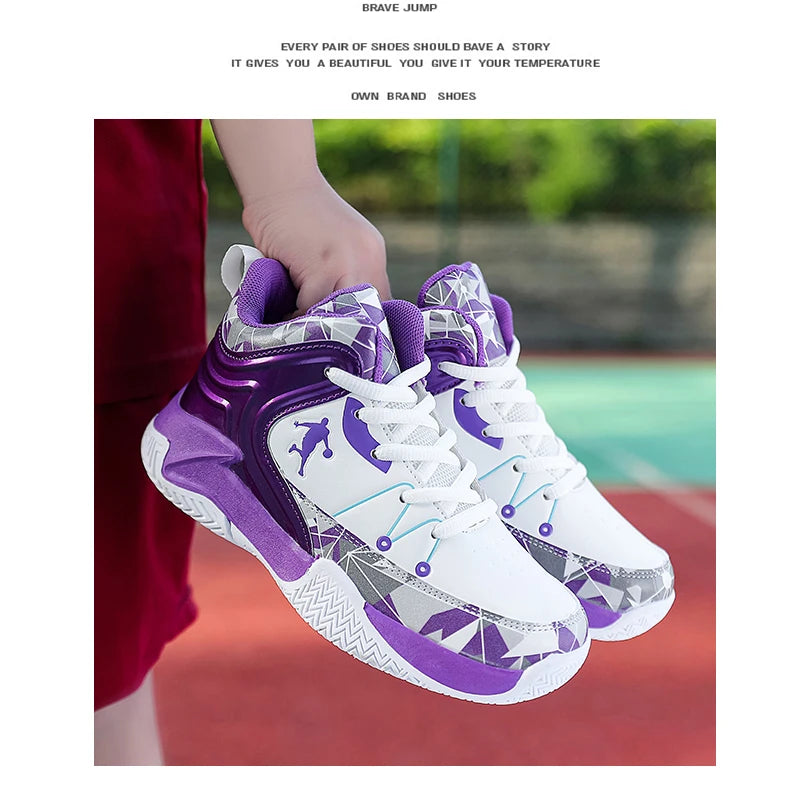 Hot Sale Basketball Shoes For Children Fashion Design Purple Children's Basketball Sneakers High Top Lace-up Kids Sports Shoes