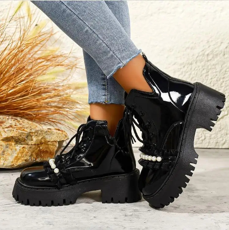 Black Platform Casual Women's Ankle Boots 2025 New Designer Autumn Winter British Style Boots Shoes for Women Botas De Mujer