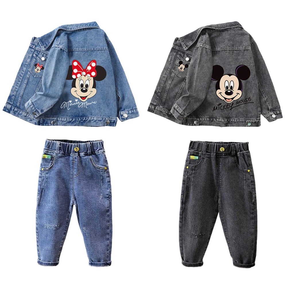 Children Clothing Sets Spring Autumn Baby Boys Girls Mickey Mouse Minnie Cotton Denim Jacket Coat + Jeans Pants 2pce Casual Suit