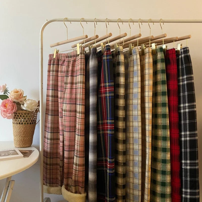 High Waist Straight Leg Pants Women's Autumn Winter Thickened Fleece Lamb Velvet Plaid Pants Loose Wide Leg Casual Trousers