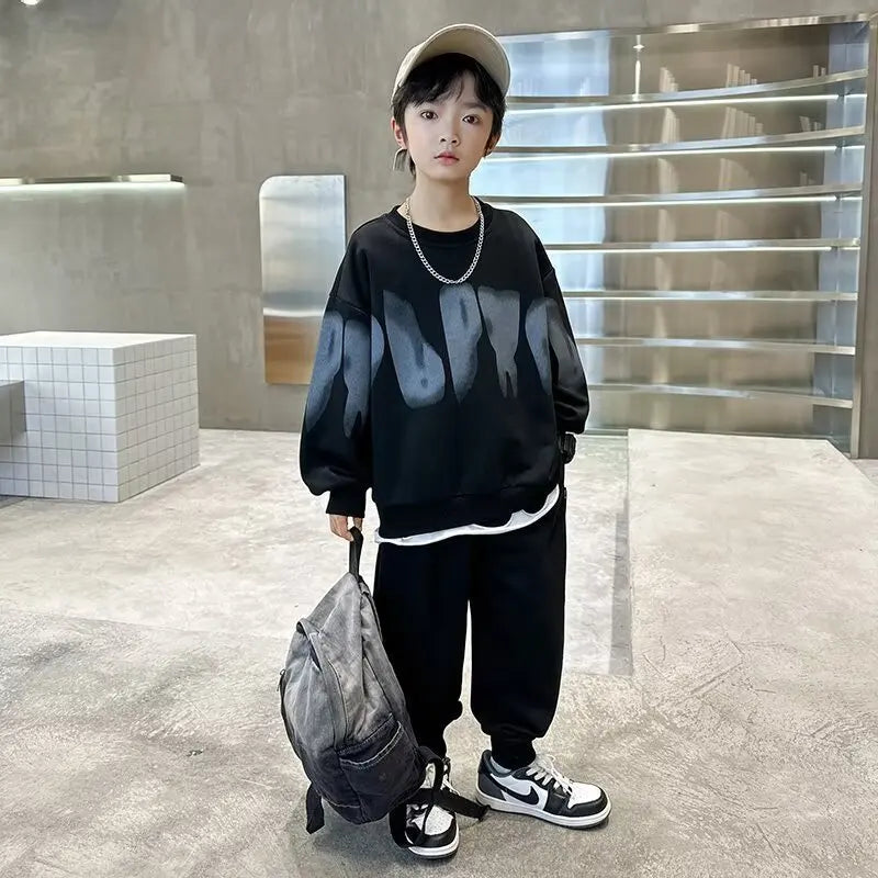 2025  winter autumn Boys Clothes Set cotton loose Sweatshirt hooded + Pants Tracksuits Kids Suit Children 4 8 9 10 11 12 14 Year