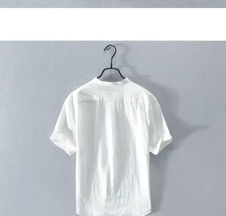 Japanese Style Loose Fit Lightweight Short Sleeve Linen Shirt round Neck Summer Casual Menswear White Cotton Linen Blend