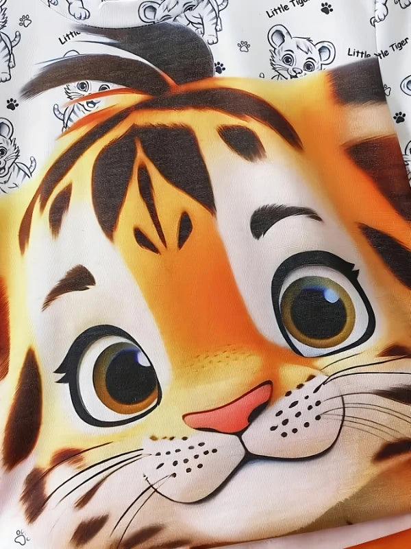 Toddler Tiger Graphic 2-Piece Outfit Set: White Cartoon Tiger T-Shirt + Red Shorts (0-3T) - Cute Kids Summer Casual Clothes
