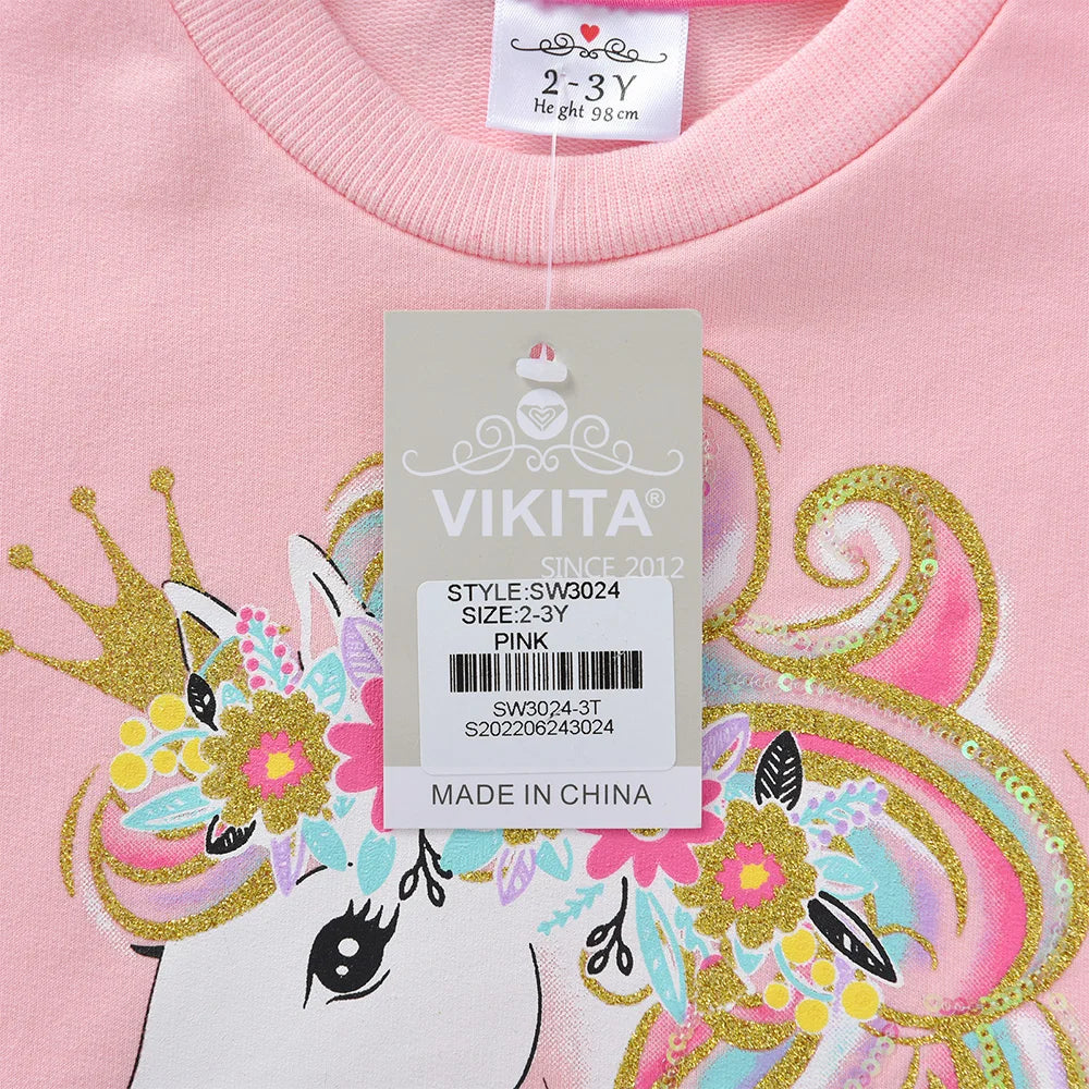 VIKITA Girls Cartoon Pink Outfits Kids Rainbow Striped Cotton Sweatshirt and Colorful Leggings Children Clothing 2 Pcs Sets