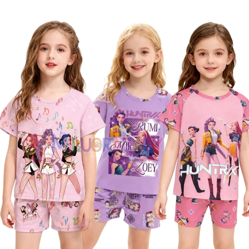 Girls Children's Pajamas Set Summer Short Sleeve Cartoon Kpop Demon Hunters Girls Middle Kids Homewear Christmas Clothes Set