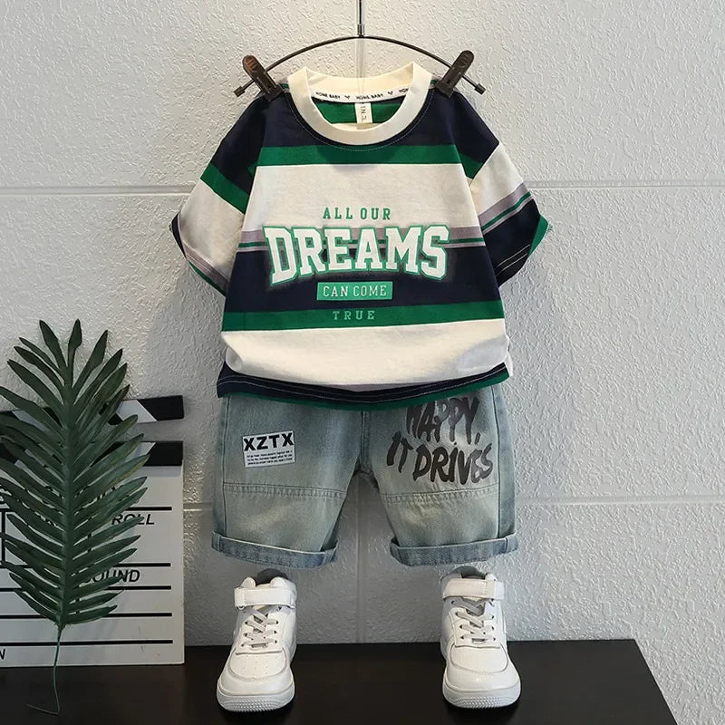 Korean Baby Boys Summer Sets Children's Clothing Short-Sleeved Letter T-Shirt & Denim Shorts Kids Boys Outfits Clothes 2-11Y