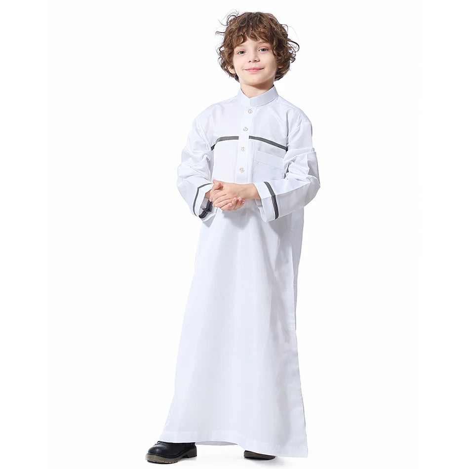 Ramadan Eid Islamic Boys Long Robe Children Traditional Arab Thobe Thawb Caftan Solid Color Long Sleeve Stand Collar with Pocket