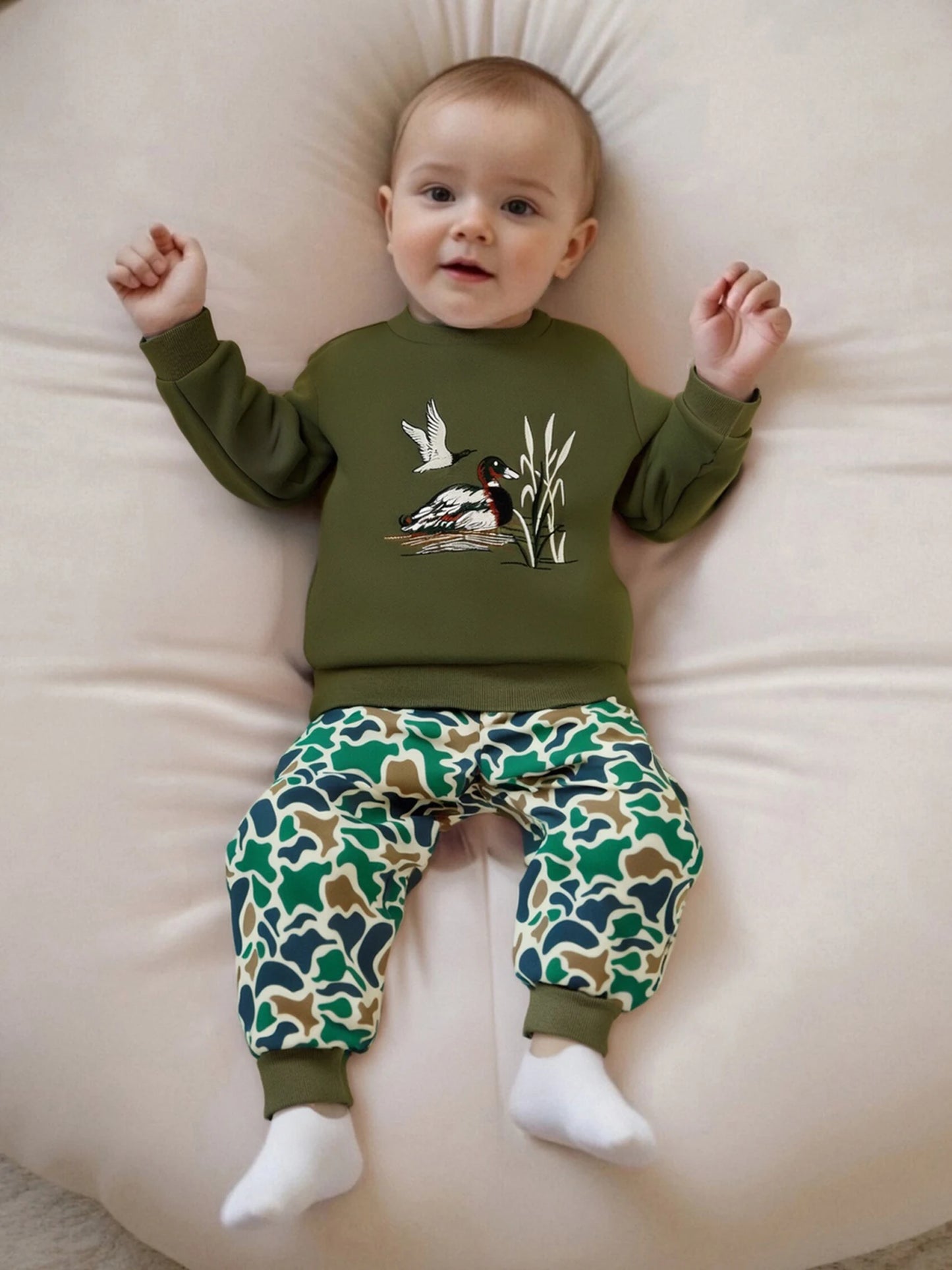 FOCUSNORM 0-4Y Casual Kids Boys Fall Clothes Sets Duck Embroidery Long Sleeve Round Neck Pullover + Camouflage Pants