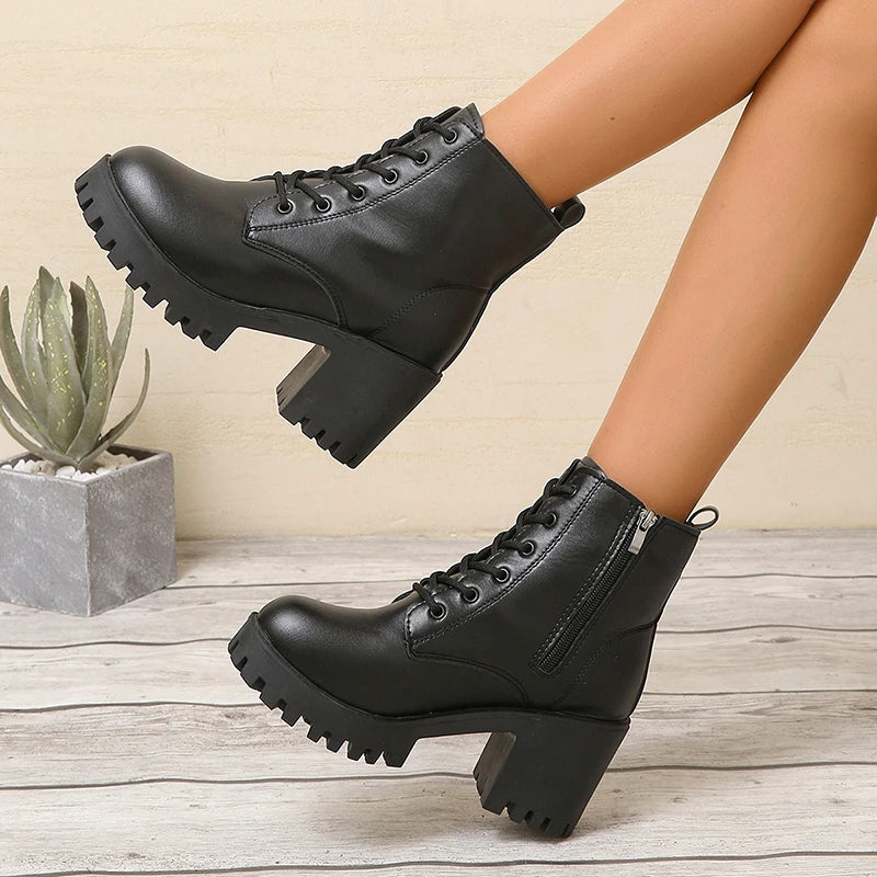 Fashionable New Comfortable and Wear-resistant Women's Work Boots Winter Elegant Solid Color Round Toe Lace Up Short Boots