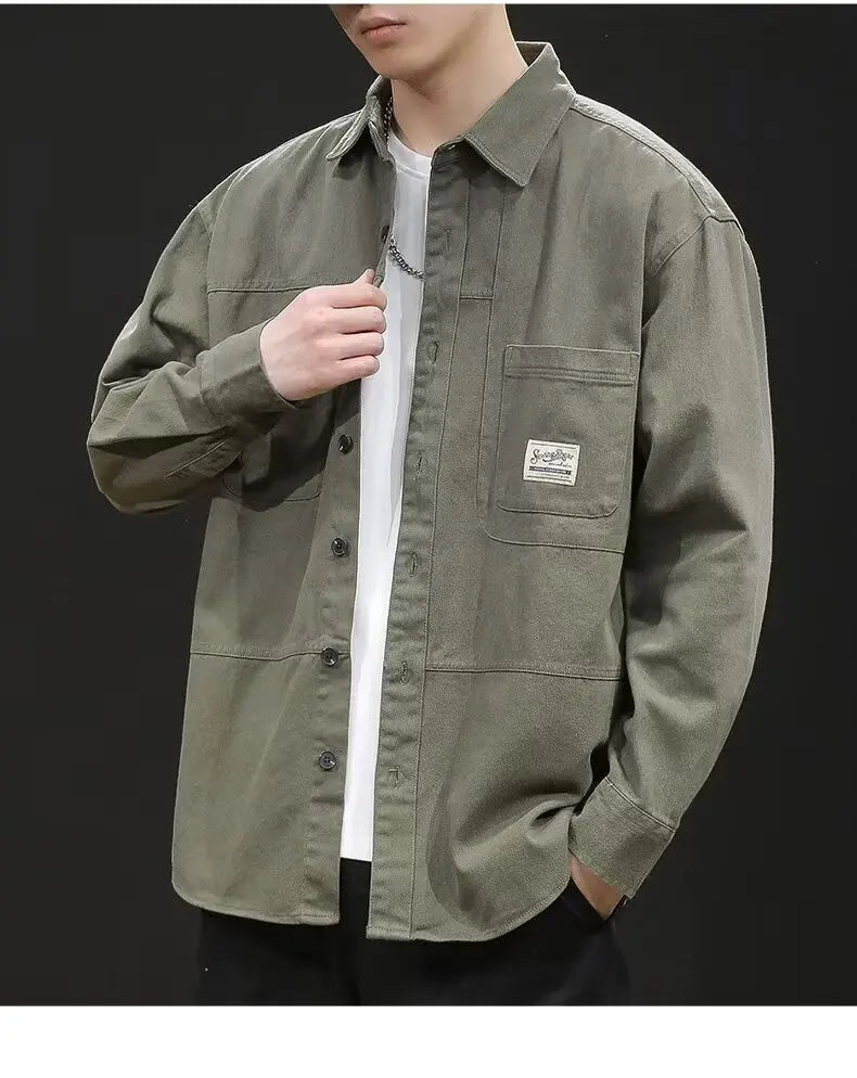 Retro Casual Loose Fit Men's Shirt Long Sleeve Turn-down Collar Fashionable Workwear Jacket Outerwear for Youth