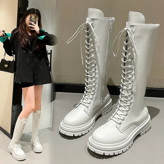 Long boots for women  spring 2025 new white thick soled long boots with thick legs and high waisted straps