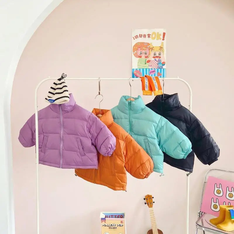 Children Boys Short Thick Parkas Standing Collar Silk Floss Bread Jacket for Boy Girl Letter Warm Solid Toddler Boys Winter Coat