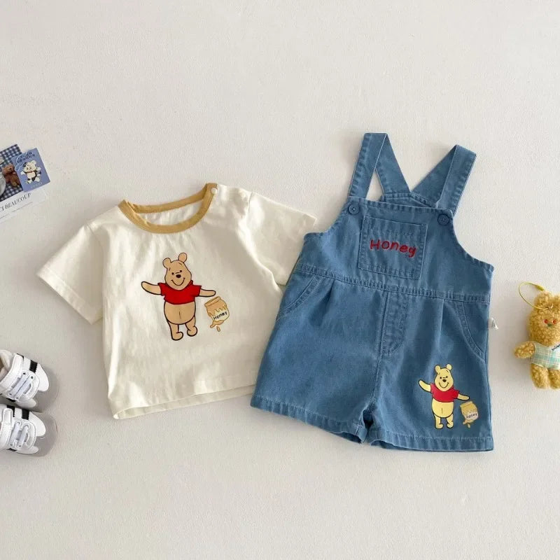 Baby Cartoon 2pcs Set for Summer Winnie Bear Short Sleeve T-shirt Loose Denim Straps Shorts Girl and Boy Clothes Set