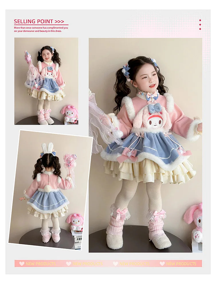 Anime My Melody Lolita Princess Dress Girl Bow Decoration Party Dress Ruffled Tutu Skirt Fleece-Lined Layered Dress Ball Gown