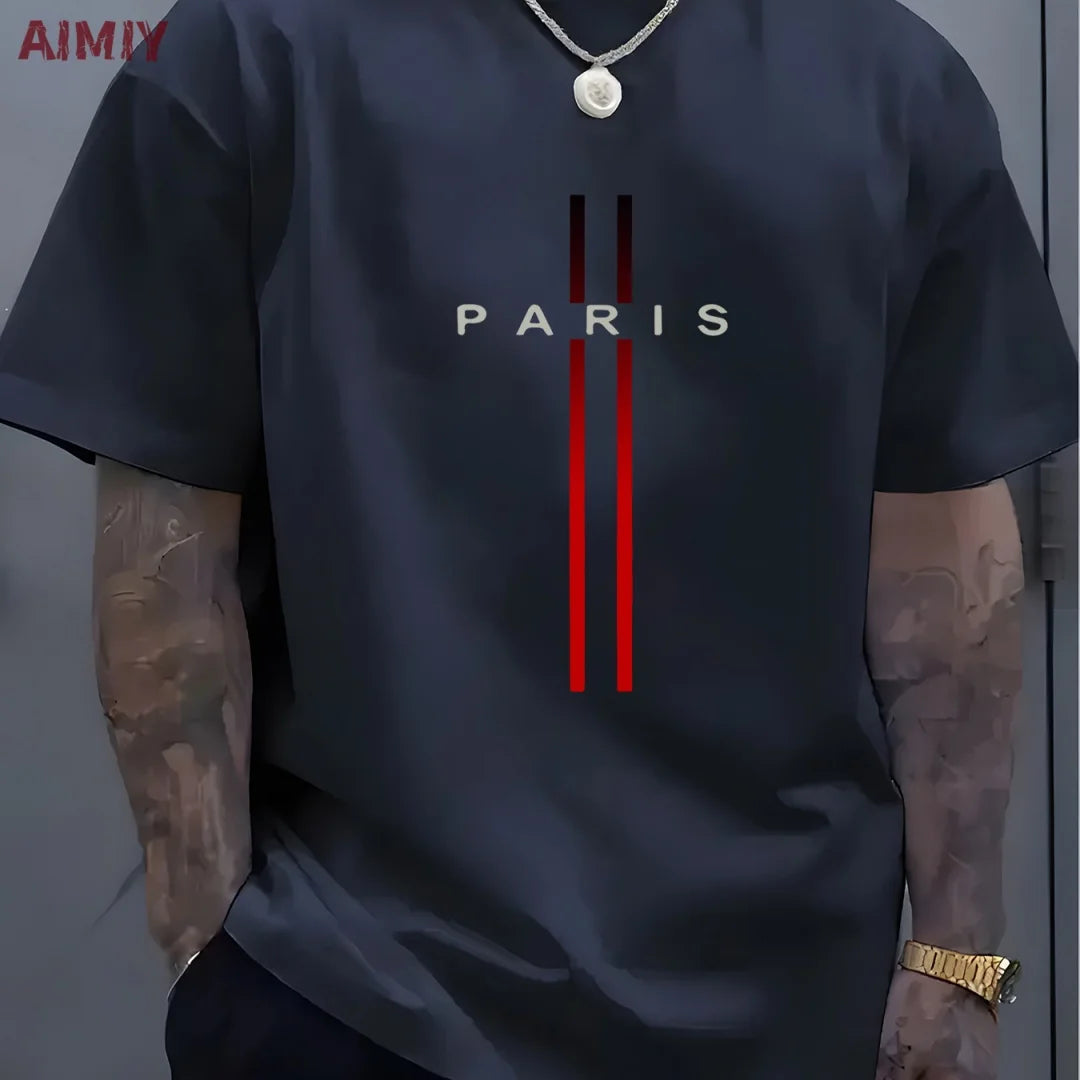 Summer Men's T-shirt Top Casual Loose Fit Oversized T-shirt PARI Letter Pattern Printed Round Neck Short Sleeved Homme Vêtement