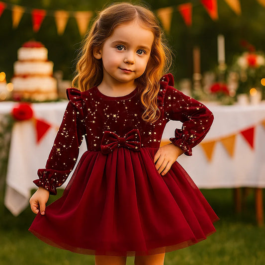 Girl Dress Autumn Winter Velvet Long Sleeved Mesh Bow Princess Dress Children's New Year Children Party Festive Dress For Girl