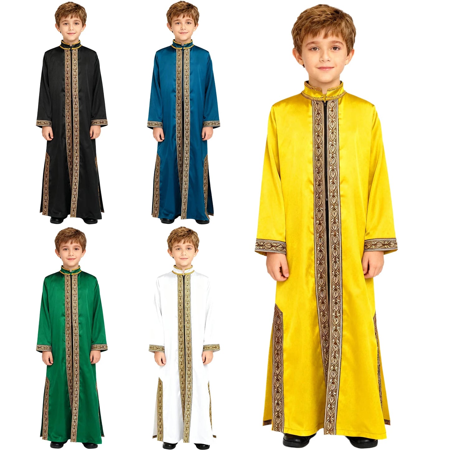 Boys Islamic Robe Kaftans Arab Gown Long Sleeves Slit Zipper Gold Embroidery Maxi Muslim Thobe Kids Festival Holiday Costume